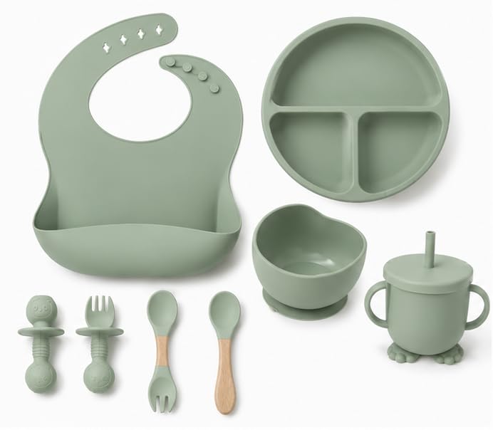 Silicone Baby Feeding Set for Babies, 8 Piece Self Feeding Kit with Bib, Suction Plate, Bowl, Sippy Cup, Spoon & Fork (sage Green)-image-2