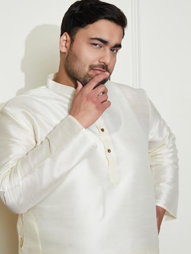 Image of Vastramay Men's Yellow Silk Blend Banarasi Kurta, Full Sleeve, Mandarin Neck, Regular Fit, Festive, Soft Comfortable Feel, Solid Design for Traditional Occasions
