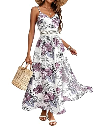 Image of Women's Hawaiian Maxi Dresses Summer Floral Boho Sleeveless V-Neck Flowy Beach Vacation Dresses Spaghetti Straps