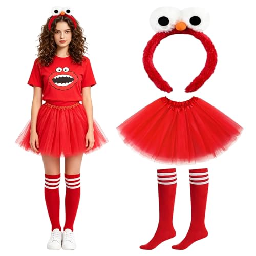 Tirdkid Red Tutu Skirt Costume Set for Women & Teens - Elastic Waist Tulle Tutu with Plush Headband & Socks Halloween Cosplay Outfit for Adult & Girls