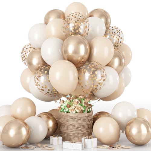 Beige and Champagne Gold Balloon Set, 60Pcs 12 Inch Nude Cream Retro White Sand Balloons with Metallic Champagne Gold Confetti Latex Balloons for Birthday Wedding Baby Bridal Shower Party Decorations