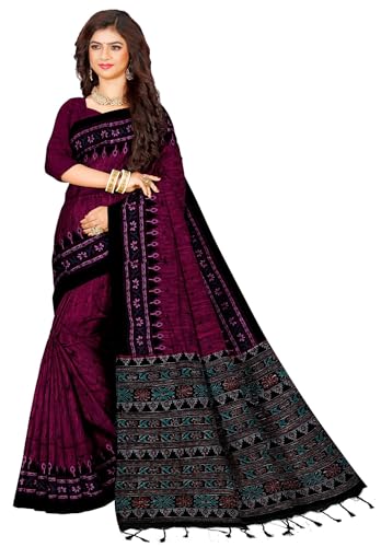 Image of Quetzal Women's Magenta Pure Cotton Sambalpuri Batik Print Saree with Unstitched Blouse - Lightweight Comfortable Saree for Daily & Office Wear