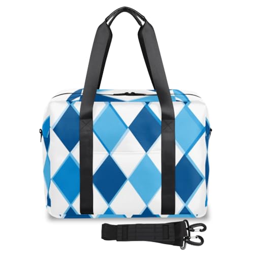 Blue Rhombus Travel Duffel Bag for Men Women White Argyle Sports Gym Bag Waterproof Weekender Overnight Bags Foldable Carry on Backpack for Swim Yoga Fitness Workout