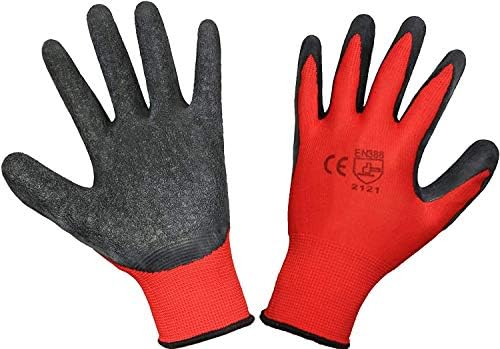 EETOOLS 12 Pairs Work and Gardening Gloves - Red/Black Latex Coated Workwear Gloves for Builder, Gardener, Mechanic, Construction, Warehouse - LARGE/SIZE 9