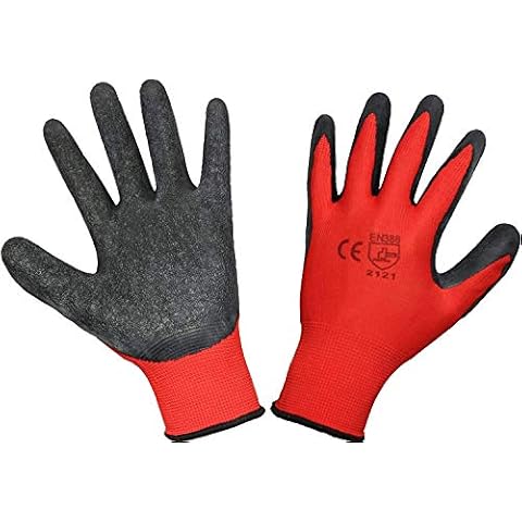 EETOOLS 12 Pairs Work and Gardening Gloves - Red/Black Latex Coated Workwear Gloves for Builder, Gardener, Mechanic, Construction, Warehouse - LARGE/SIZE 9 Cover
