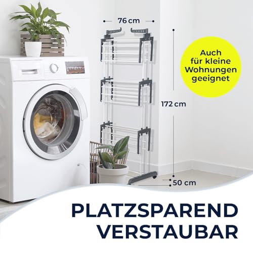 EASYmaxx Klappbarer Wäscheständer | Effizientes Trocknen mit 3 Ebenen, 2 Seitenflügeln & leichtem Aufbau | Platzsparend, vielseitig und mobil für drinnen und draußen, Grau/Weiß