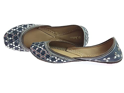 Image of Fulkari Women's Mirror Genuine Soft Leather Juttis | Bite and Pinch Free Jutis | Ladies Punjabi Jutti | Wedding Flat Stylish Mojari | Phulkari Ethnic Flats For Girls |