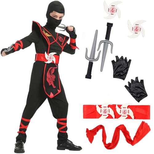 XCMVCN Costume de Ninja pour Enfants, Ensemble d'accessoires de 14 pièces Costume de Ninja, Ensemble de Costume de Ninja Cosplay pour fête d'Halloween et de Carnaval (Noir + Rouge, XL)