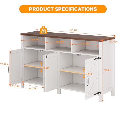 knoworld Buffet Sideboard with Storage Farmhouse with 4 Doors, 55\'\' Large Kitchen Storage Cabinet Wood Coffee Bar Cabinet Buffet Table with Shelves for Kitchen, Dining Room, Entryway