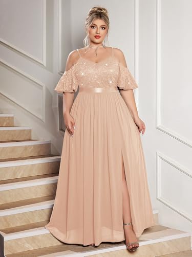 MISSMAY Women's Plus Size Sequins Lace Off Shoulder Short Sleeves Slit Formal Wedding Guest Chiffon Long Dress4