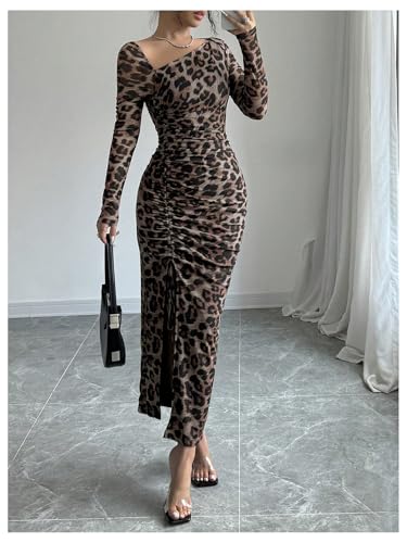 GORGLITTER Women's Maxi Leopard Spring Wedding Guest Dress Drawstring Ruched Asymmetrical Neck Split Dresses 6