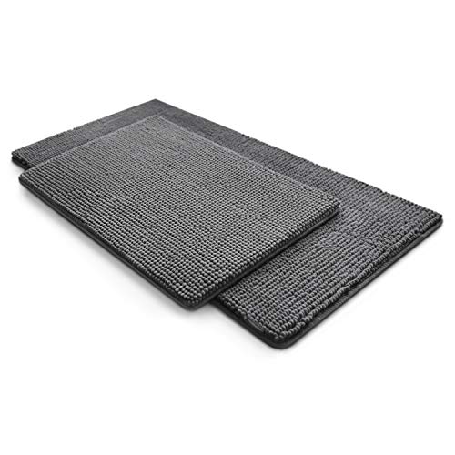 Microdry Solid Chenille Bath Mats For Bathroom, Ultra Absorbent Washable Bathroom Rugs, Thick Bath Rugs With Patented Griptex Skid-Resistant Base, 2-Piece Set, 16X24” And 20X34”, Dark Grey #TOP11