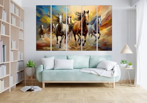Image of KYARA ARTS 7 Horses Wall Painting for Living Room Big Size(30inchx48inch) 7 Running Horses Painting Vastu for Bedroom, Office, Hotel - Wall Decor Wooden Framed- Digital Painting