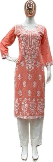 Image of Embroidered Chikan Kurta with pant ethnic Indian wear- Lucknow Chikankari, traditional chikankari