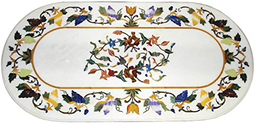 Pietra Dura White Marble Oval 48" X 30" Inch Dining Table Top, Fine Inaly Eating Breakfast Table Top, Indian Taj Mahal Marble Inlay Table Top, Piece Of Conversation, Family Heirloom #TOP12