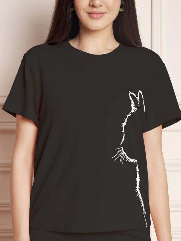 Image of DTR FASHION Polyester Blend Cat Sketch Print Tracksuit | Night Wear Suit For Women
