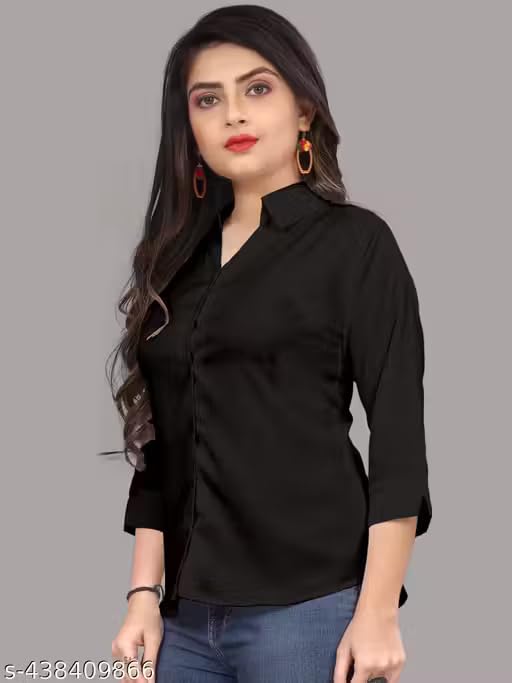 Image of Women's Cotton Blend Solid Formal Shirt with 3 /4 Sleeves-Navy Blue P4
