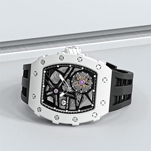 Image of TSAR BOMBA Men's Automatic Watch Tonneau Luxury Skeleton Watches for Men Mechanical 50M Waterproof Analogue Watches Mens Unique Cool Square Big Face Dial Wristwatch with Silicone Strap Band