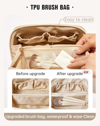 Image of EACHY Travel Makeup Bag, Large Capacity Cosmetic Bag for Women, Waterproof PU Leather, Flat Open Portable Toiletry Bag for Skincare, Brushes & Travel Essentials