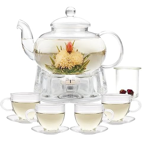Glass Teapot Set, 34OZ/1000ML Glass Tea Kettle with Loose Tea Infuser & Warmer, 5oz/150ML Tea Cup & Saucer Set of 4, Stovetop & Microwave Safe Tea Maker, Blooming Tea Gift Set For Women Cover