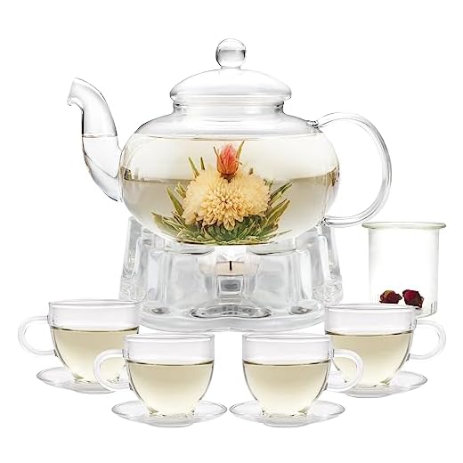 GURUDAR Glass Teapot Set, 34OZ/1000ML Glass Tea Kettle with Loose Tea Infuser & Warmer, 5oz/150ML Tea Cup & Saucer Set of 4, Stovetop & Microwave Safe Tea Maker, Blooming Tea Gift Set For Women