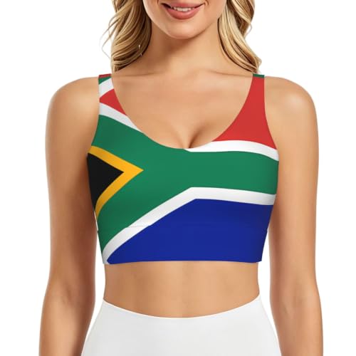 ChenGua South Africa Flag Print Sports Bras for Women, Removable Padded Yoga Tank Tops, Comfort Seamless Stretchy Workout Bra X-Large Black