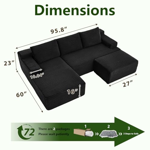 Image of 96.1 inch Modular Sectional Sofa with Ottoman, Modern Corduroy Cloud Couch, Boneless Couch Upholstered 3-Seater U-Shaped Sofa for Living Room, No Assembly (Black, Left-Facing Chaise)