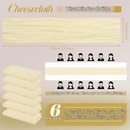 Pesonlook 6er Set Gaze-Tischläufer für Hochzeiten, 55 x 300 cm, Elfenbein – Ansicht 2