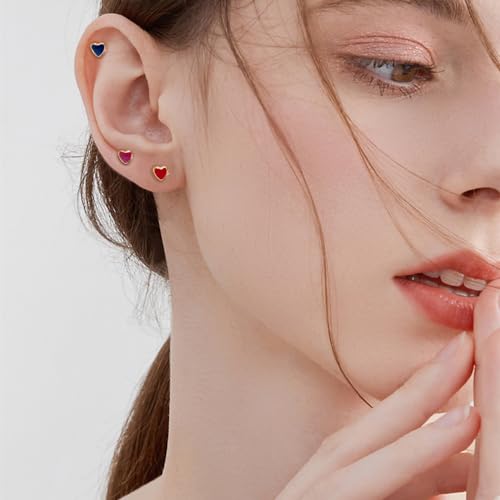 Newzenro 18G Colorful Heart Love Screw Flat Back Small Stud Earrings For Women Teen Girls Surgical Steel Pink Blue Red Purple Enamel Hearted Cartilage Tragus Piercing Little Studs Hypoallergenic Gift 6 Pairs Set thumb #5