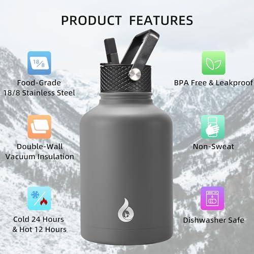 Image of BJPKPK 50oz Stainless Steel Insulated Water Bottle, Vacuum Water Bottle with Straw, Leak Proof, Hot & Cold Insulation, 3 Lids & Paracord Handle, Gray
