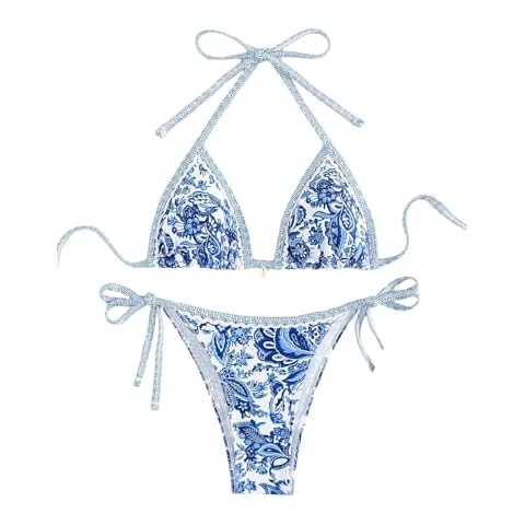 BYFINECANY Women's Floral Printed Bathing Suit Halter Paisley Summer Swimsuit Bikinis Set Blue M Cover
