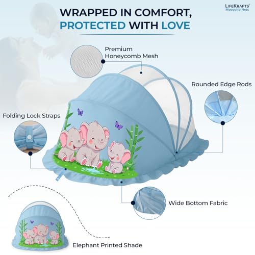 Image of LifeKrafts Foldable Bottomless Baby Mosquito Net | Cradle & Bed Net for Newborns & Infants (0-24 Months) | Breathable Mesh Protection | Baby Blue Elephant Design | 90 x 50 x 50 cm