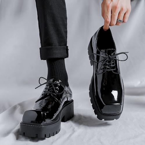 Men's Patent Leather Platform Oxfords Classic Square Toe Lace up Dress Shoes for Business Office Work4