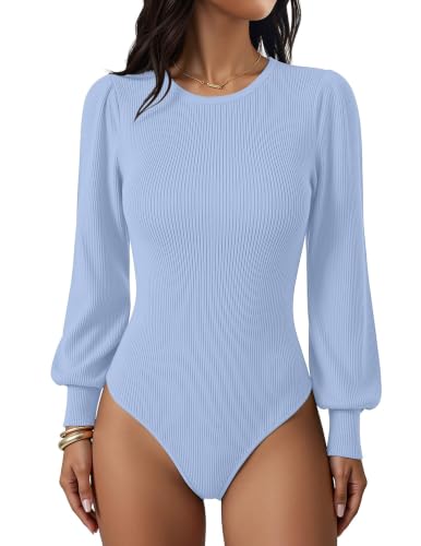 Image of Zeagoo Womens Sweaters Long Sleeve Bodysuits 2026 Fall Crewneck Puff Knit Pullover Tops