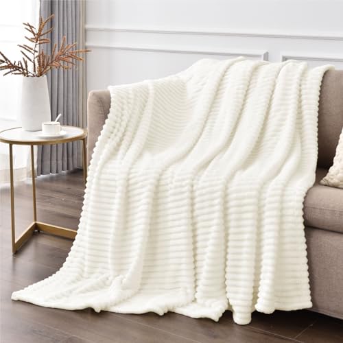 Image of BEDELITE Fleece Throw Blanket for Couch - 3D Ribbed Jacquard Soft and Warm Decorative Fuzzy Blanket - Cozy, Fluffy, Plush Lightweight Cream Throw Blankets for Bed, Sofa, 50x60 inches