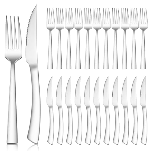 Herogo Steakbesteck Set, 24-teilig Edelstahl Messer und Gabel Set für 12 Personen, Silber Besteck Steakmesser und Steakgabel für Haus Restaurant...