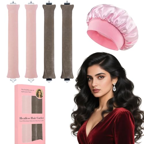 Heatless Curls Overnight Hair Curlers with Satin Bonnet Hair Rollers 5Pack Curling Rod to Sleep In Overnight Rods Heatless Curls for Short Long Hair All Hair Types Styling ToolsPink