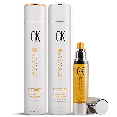 GKhair Global Keratin Balancing Shampoo and Conditioner 300ml Set and Organic Argan Oil Hair Serum 50ml For Frizz Control Dry Damage Hair Repair