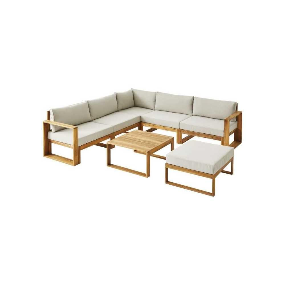 Salon de Jardin LEVATA en Bois dacacia FSC - 6 Personnes avec Ottoman - Coussins Gris et Deux Tons + Housse Incluse