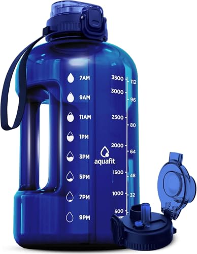 AQUAFIT 4 Litre Water Bottle with Straw - Water Bottle 4L with Time Marker - One Gallon Big Bottle with Straw - Large Bottle For Gym - 2-in-1 Lid, Dark Blue