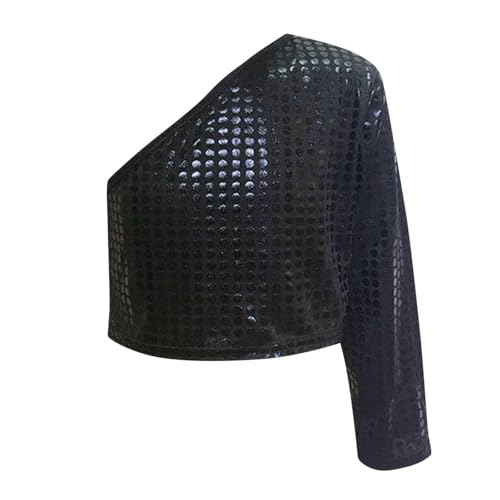Girls Sequin Dance Tshirts Trendy One Shoulder Metallic Shimmer Lightweight Shirts Sparkly Glitter Performance Tops3
