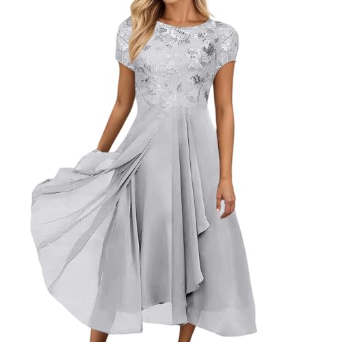 Generico Vestido de Gasa Vestido de Fiesta de Noche Mujer Largo Elegante Vestido de Boda Cóctel de Gasa Encaje Vestidos con Volantes Manga Corta Cuello Redondo de Novia Vestido Carnaval Mujer, Color