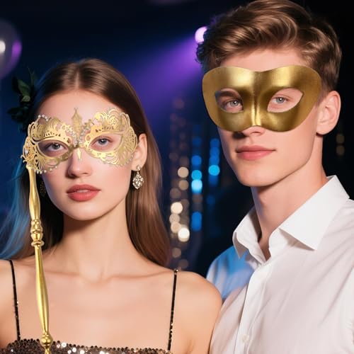 Masque de bal masqué avec bâton et finitions strass chics - 2