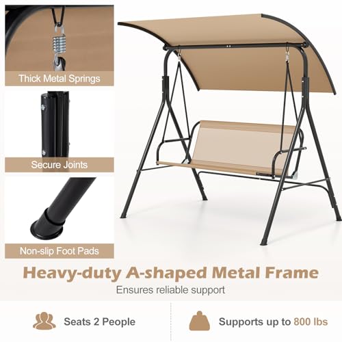 Image of Tangkula 2 Person Porch Swing, Outdoor Swing with Removable Cushions, Solid Metal Structure, Patio Swing with Adjustable Canopy for Garden, Backyard, Balcony, Poolside