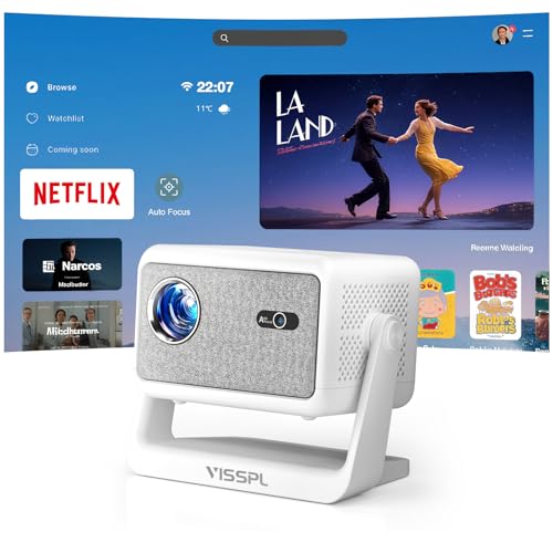 Smart Mini Beamer【Netflix Offiziell ＆ Autofokus / 6D Trapezkorrektur 】 22000L WiFi6 Bluetooth Beamer Klein Full HD 1080P, VISSPL Video Projector,Handy Projektor für Heimkino/Outdoor