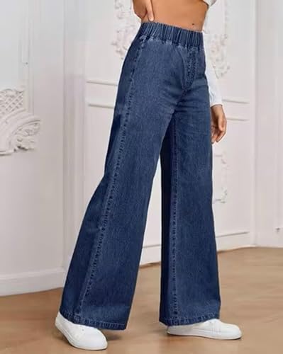 Image of ADBUCKS Women's Stretch Denim Wide Leg Jeans Comfort Fit with Elastic Waistband, Straight Cut, Casual Style for All Seasons, Versatile Clothing