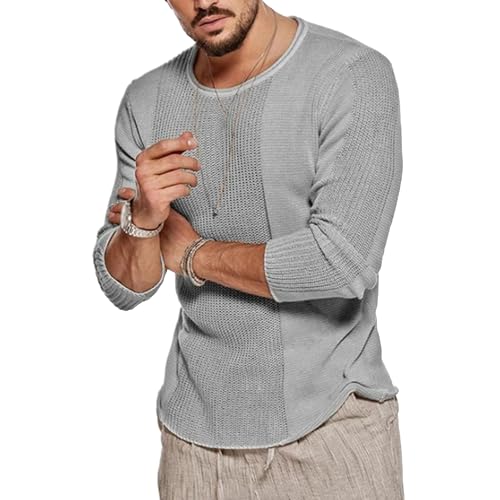 Men's Crew Neck Stretchy Hollow Sweater Solid Color Pullover Casual Tops Lightweight Soft Long Sleeves Sweatshirt (Medium,Light Gray 1)