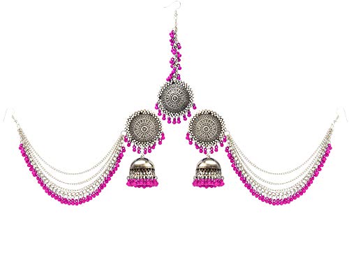 Yellow Chimes German Oxidised Silver Antique Traditional Maang Tikka with Earrings Jewellery Set for Women and Girls (Pink)
