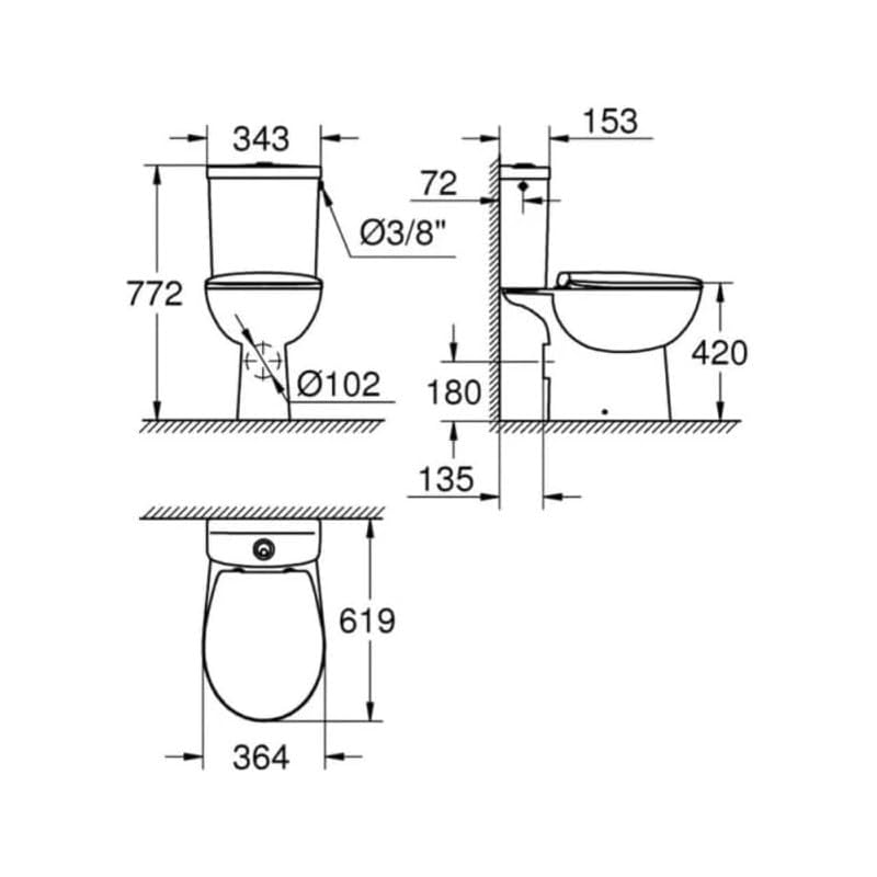WC à poser sans bride GROHE Bau Ceramic avec abattant frein de chute declipsable + nettoyant Briochin