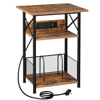 AMHANCIBLE Record Player Stand with Charging Station, 3-Tier Bedside Table with Extra-Large Desktop and Storage Cabinet, Vinyl Record Stand Hold Up to 100 Albums for Living Room, Brown HETCD012BR-1